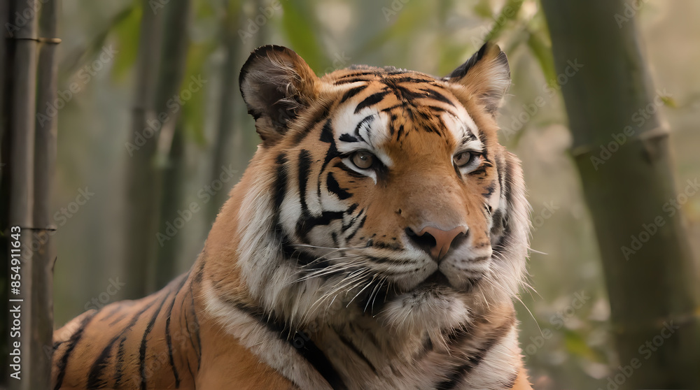 Fototapeta premium a tiger that is sitting in the grass by some trees