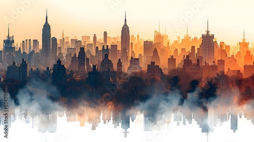 Majestic Cityscape in Vibrant Sunrise or Sunset Glow with Towering Skyscrapers and Reflection on Water photo