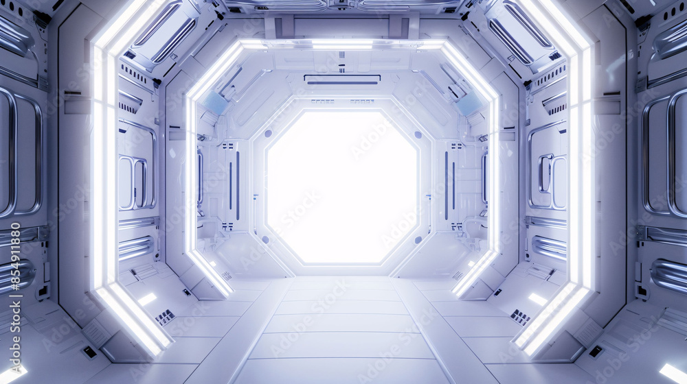 Open the door of the spaceship with white bright light, future technology 3D rendering stage background Open the door of the spaceship with white bright light, future technology 3D rendering stage background