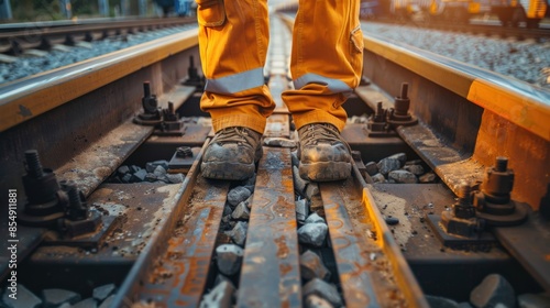 Railway worker standing on the tracks wearing orange workwear and brown boots photo
