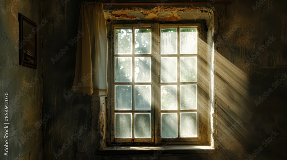 Sunlight streams through a window in an abandoned building Sunlight streams through a window in an abandoned building