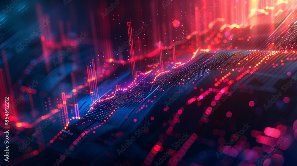 Naklejka premium Futuristic digital data visualization with glowing neon lines and points representing financial analytics and big data.