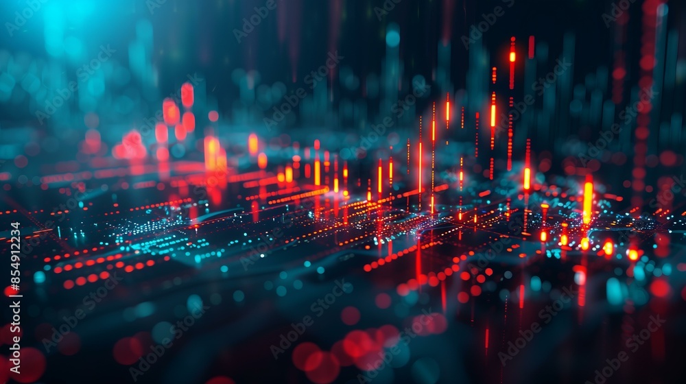 Fototapeta premium Futuristic digital data visualization with abstract neon lines and dots representing data analysis.