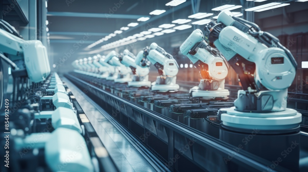Large Production Line with White Industrial Robot Arms at Modern Bright Factory. Assembled on Conveyor. Automated Manufacturing Facility, automated, technology, factory Large Production Line with White Industrial Robot Arms at Modern Bright Factory. Assembled on Conveyor. Automated Manufacturing Facility, automated, technology, factory