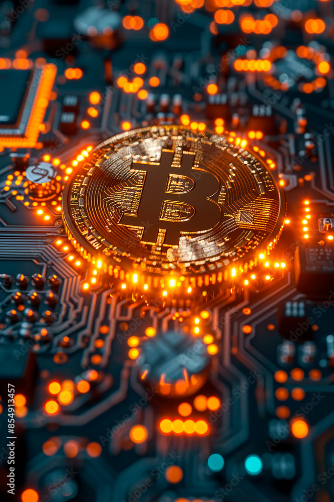 Close-up of a bitcoin on a circuit board with glowing lights, representing cryptocurrency and technology Close-up of a bitcoin on a circuit board with glowing lights, representing cryptocurrency and technology