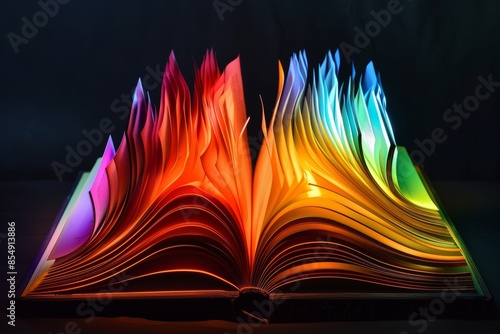 An open book creatively illuminated from behind, producing a stunning spectrum of colors on the pages