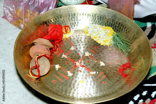 Traditional Hindu Plate For Wedding Rituals. Hindu Wedding Rituals and Ceremony photo