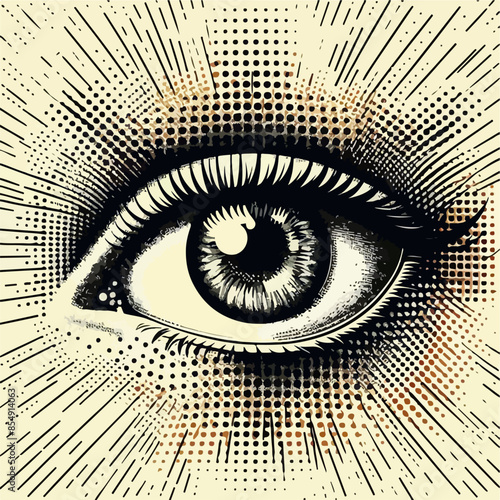 Retro halftone eye. Open human eye in halftone texture, dotted pop art style.