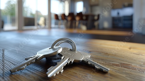 New apartment keys on wooden tabletop