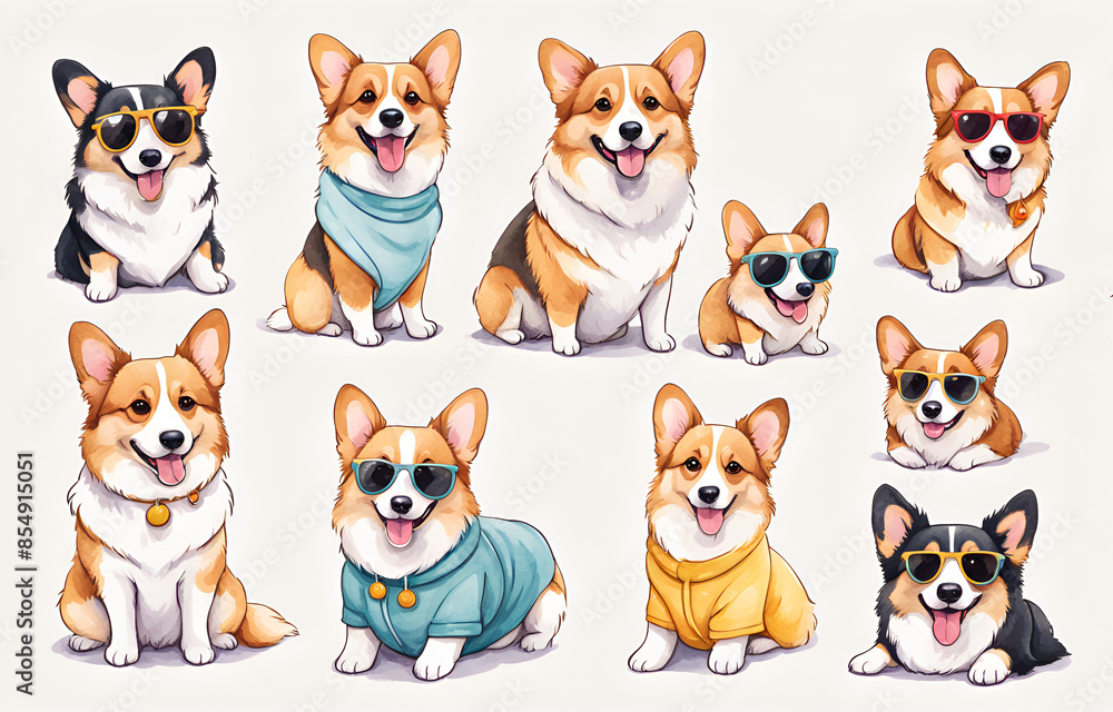 Four grid comics, Corgi dog or Border collie or German Shepherd Dog wearing different outfits, such as Sunglasses or bells, The illustration style is cute with soft colors and simple shapes. Each one Four grid comics, Corgi dog or Border collie or German Shepherd Dog wearing different outfits, such as Sunglasses or bells, The illustration style is cute with soft colors and simple shapes. Each one