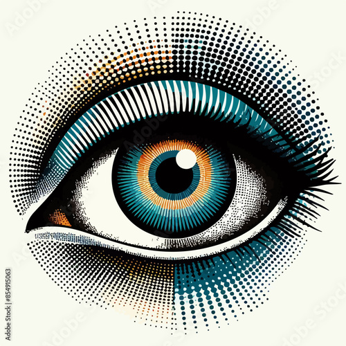Retro halftone eye. Open human eye in halftone texture, dotted pop art style.