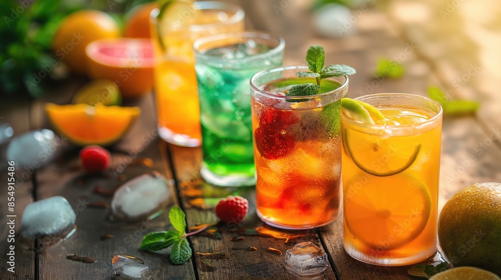Summer concept with assortment of refreshing lemonade and juice drinks and fresh fruits served on the wooden table Summer concept with assortment of refreshing lemonade and juice drinks and fresh fruits served on the wooden table