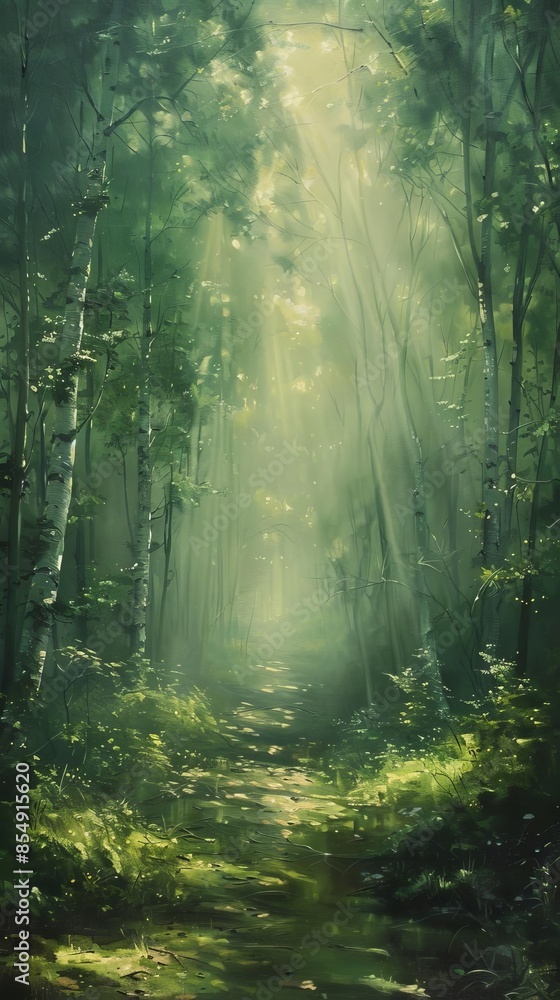 Fototapeta premium Ethereal mist enveloping a serene forest, with soft light filtering through the trees