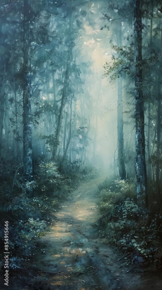 Fototapeta premium Ethereal mist enveloping a serene forest, with soft light filtering through the trees