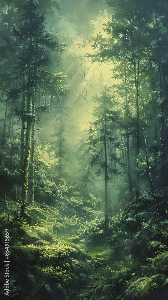 Fototapeta premium Ethereal mist enveloping a serene forest, with soft light filtering through the trees