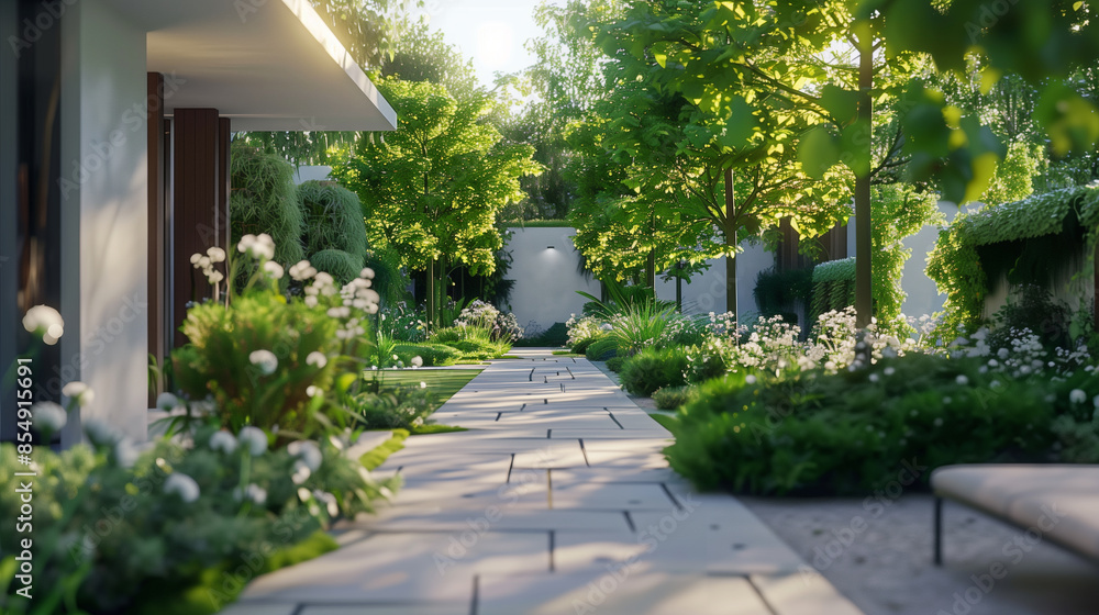 A tranquil urban Modern minimalistic garden featuring lush plants and a wooden deck , mockup 3d render exterior 