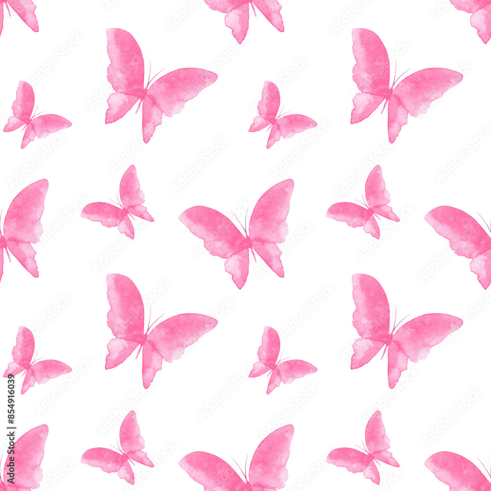 Pink butterflies, seamless pattern on a white background. Watercolor illustration summer design, insects with wings, for fabric, textiles, wallpaper, prints, scrap paper, Valentine's day.