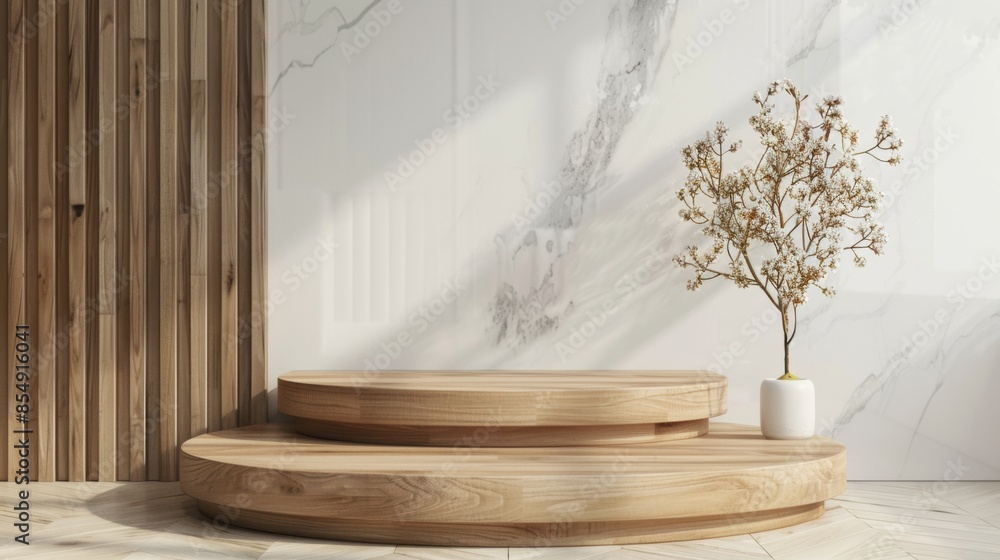 Fototapeta premium Minimalist wooden podium with dried flower arrangement and marble wall
