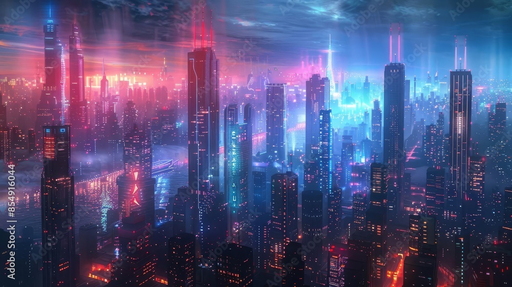 Futuristic skyline with sleek, towering skyscrapers and advanced architectural designs, illuminated by neon lights Futuristic skyline with sleek, towering skyscrapers and advanced architectural designs, illuminated by neon lights