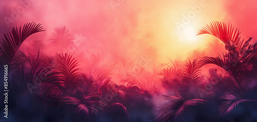 Neon sunset frame design in tropical jungle. Generative ai