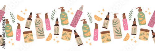 Skin care natural cosmetics seamless border. Hair, body and face care. Isolated vector illustration for background, banner, packaging