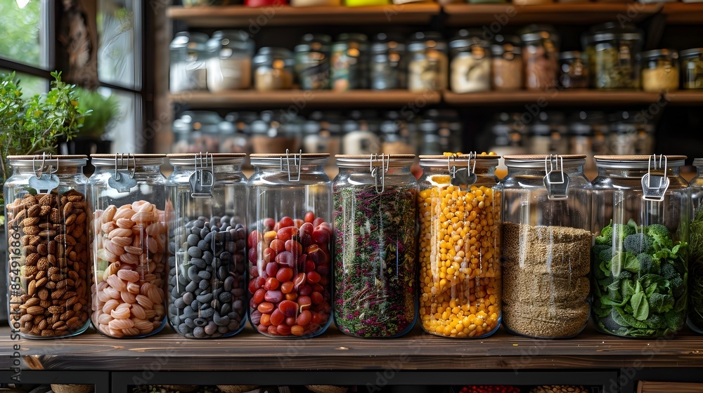 Rustic Pantry Shelves Filled with Assortment of Preserved Foods Spices and Dry Goods in Glass Jars and Bottles Rustic Pantry Shelves Filled with Assortment of Preserved Foods Spices and Dry Goods in Glass Jars and Bottles