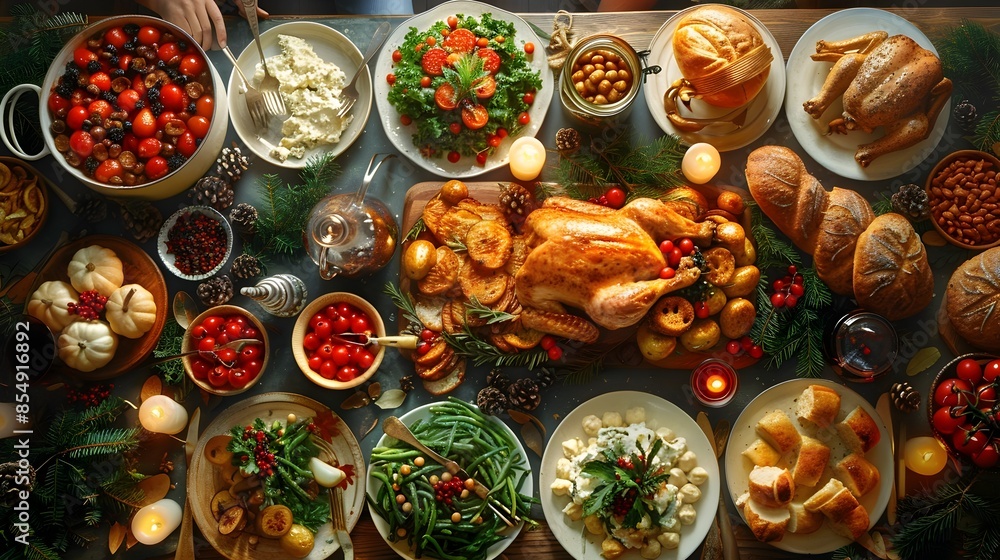 Scrumptious Thanksgiving Feast Spread with Roasted Turkey Sides and Bountiful Harvest of Homemade Dishes on Rustic Wooden Table Scrumptious Thanksgiving Feast Spread with Roasted Turkey Sides and Bountiful Harvest of Homemade Dishes on Rustic Wooden Table