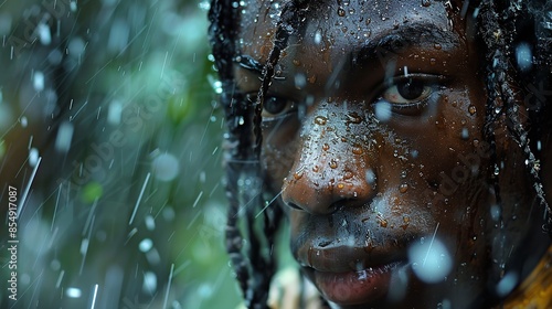 A close up shot of a persons face with rain falling down on it