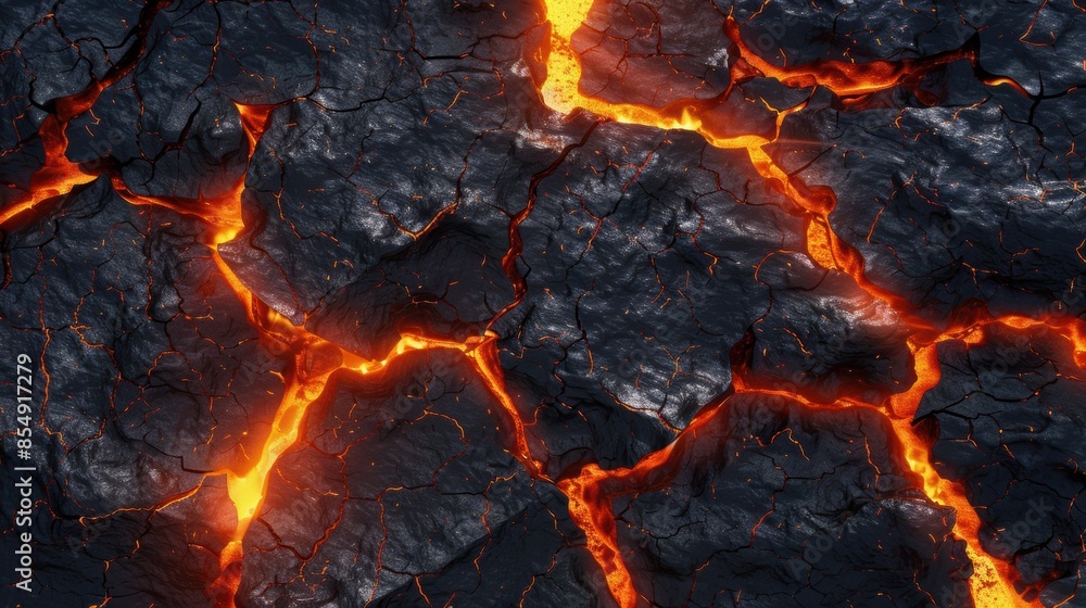 Molten lava flows through cracks in volcanic rock Molten lava flows through cracks in volcanic rock