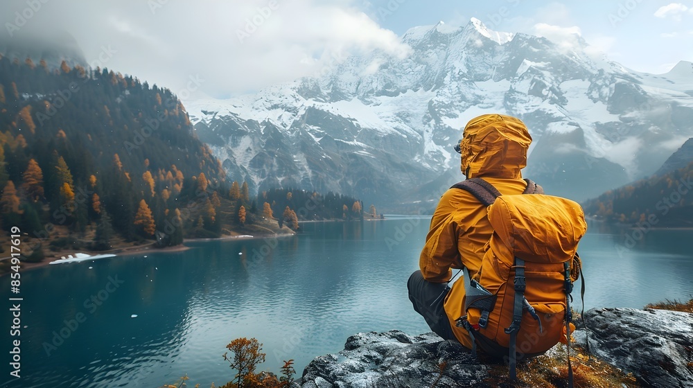 Solitary Hiker at Majestic Snow Capped Mountains Reflecting in Serene Alpine Lake Solitary Hiker at Majestic Snow Capped Mountains Reflecting in Serene Alpine Lake