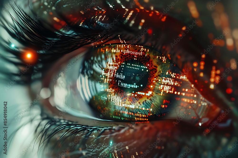 Close-up of a digital human eye with data and code reflected, symbolizing advanced technology and cyber intelligence. Close-up of a digital human eye with data and code reflected, symbolizing advanced technology and cyber intelligence.