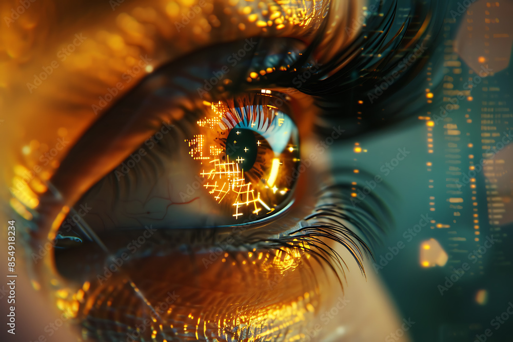 Close-up of a digital human eye with data and code reflected, symbolizing advanced technology and cyber intelligence. Close-up of a digital human eye with data and code reflected, symbolizing advanced technology and cyber intelligence.