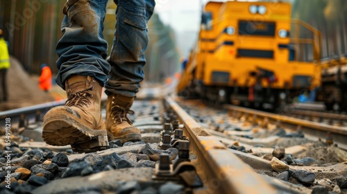 Railway worker standing on the tracks wearing orange workwear and boots photo
