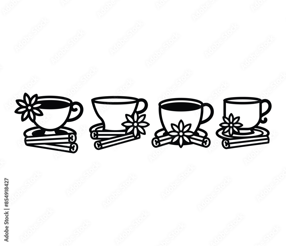 cinnamon tea cup drink beverage icons vector design black white color illustration sets cinnamon tea cup drink beverage icons vector design black white color illustration sets