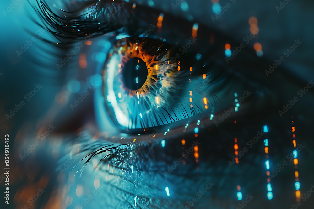 Close-up of a digital human eye with data and code reflected, symbolizing advanced technology and cyber intelligence. Close-up of a digital human eye with data and code reflected, symbolizing advanced technology and cyber intelligence.