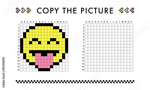 Copy the smile, show tongue picture game. Drawing with squares. Educational worksheet for kids. Coloring activity for preschool and school children. Pixel art vector illustration. Printable pattern