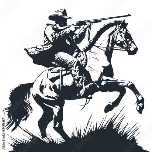 Cowboy riding a horse shoots, vector
