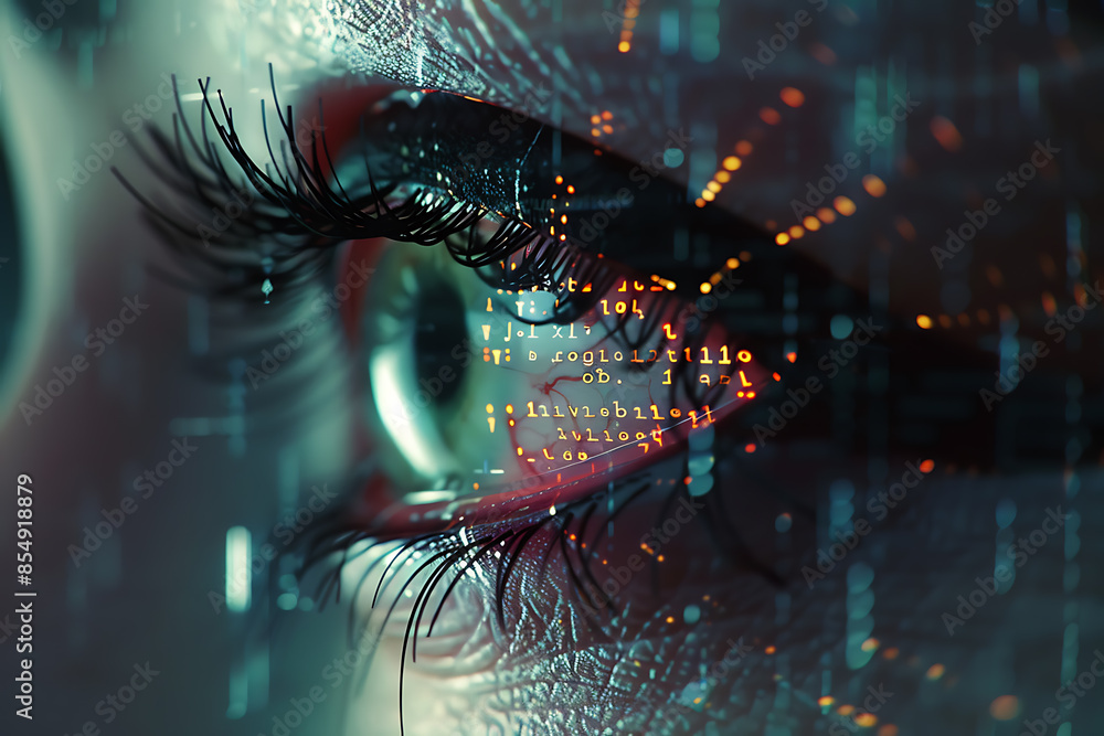 Close-up of a digital human eye with data and code reflected, symbolizing advanced technology and cyber intelligence. Close-up of a digital human eye with data and code reflected, symbolizing advanced technology and cyber intelligence.