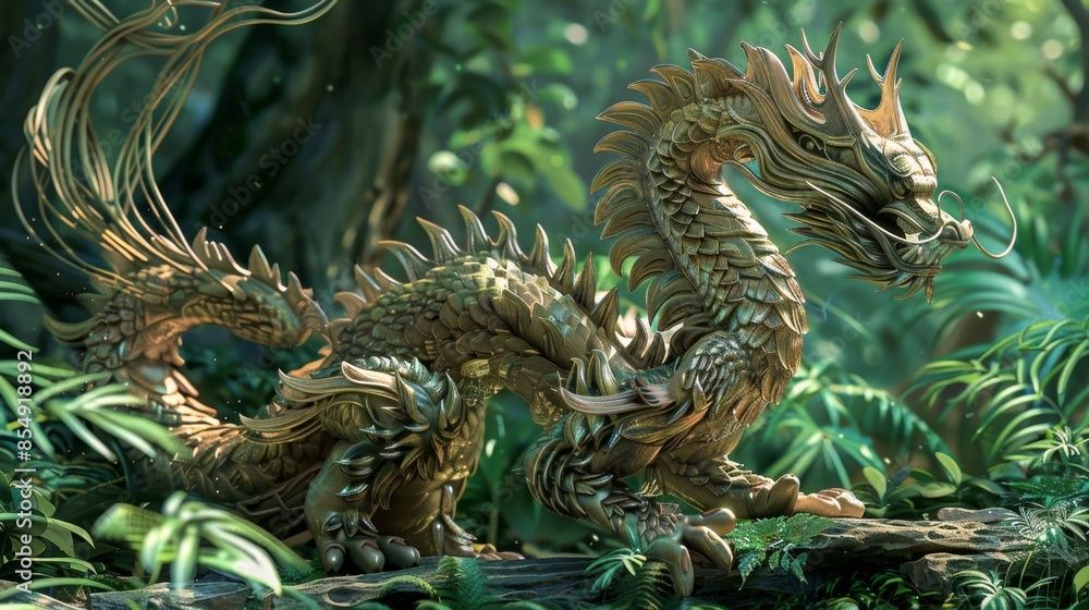 Fototapeta premium Majestic Golden Dragon in a Lush Forest, Generative AI