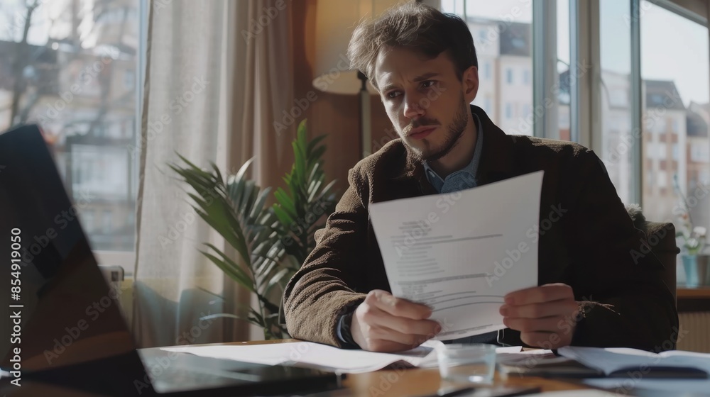 Loan manager reviews documents at desk near window Loan manager reviews documents at desk near window