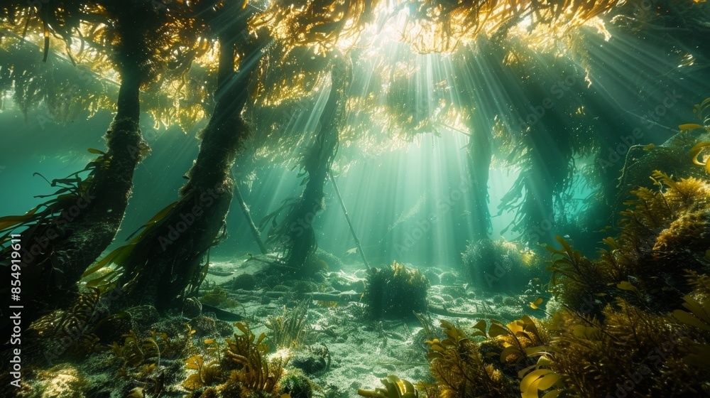 Obraz premium Sunlit Underwater Kelp Forest, Generative AI