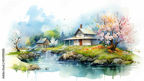 House on the riverbank in spring, watercolor landscape on a white background