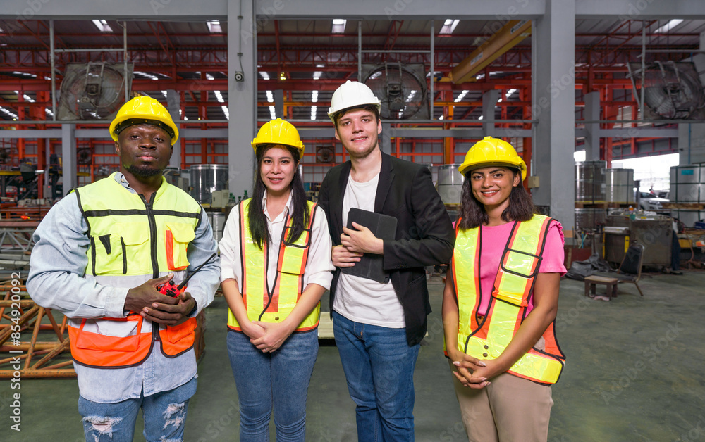 A smiling team of worker stand together for a group photo inside a factory with machinery in the background. A smiling team of worker stand together for a group photo inside a factory with machinery in the background.