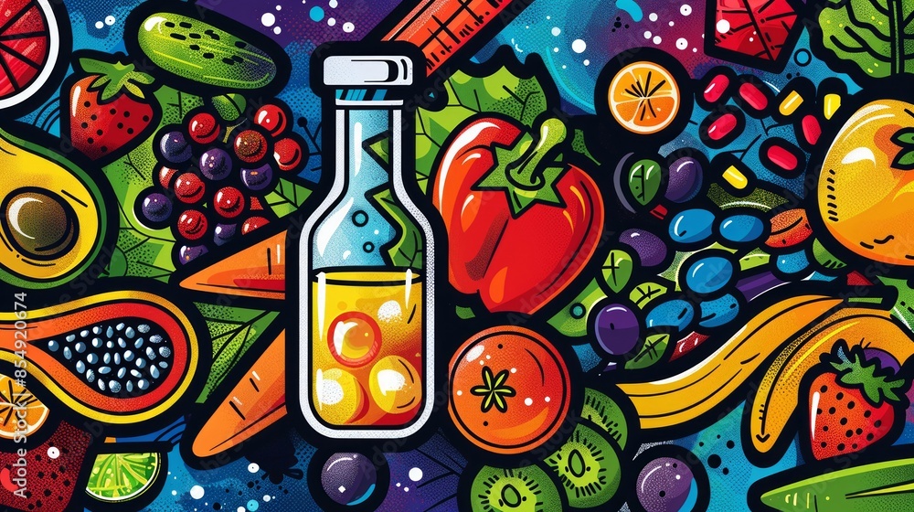 Colorful Graphic of Fruits, Vegetables, and Juice Bottle with Pop Art Style Colorful Graphic of Fruits, Vegetables, and Juice Bottle with Pop Art Style