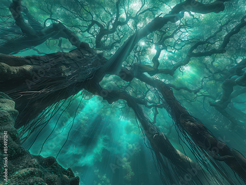 Mystical Underwater Forest with Sunlight Filtering Through Ancient Trees Creating a Serene and Ethereal Atmosphere in the Deep Blue Ocean photo