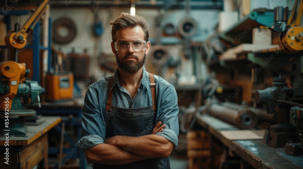 Portrait of a professional small business owner or manager overseeing the production process in his well equipped manufacturing or workshop facility Portrait of a professional small business owner or manager overseeing the production process in his well equipped manufacturing or workshop facility