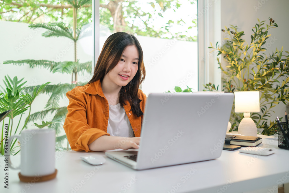 Smiling young woman using laptop in cozy home interior. Smiling young woman using laptop in cozy home interior.