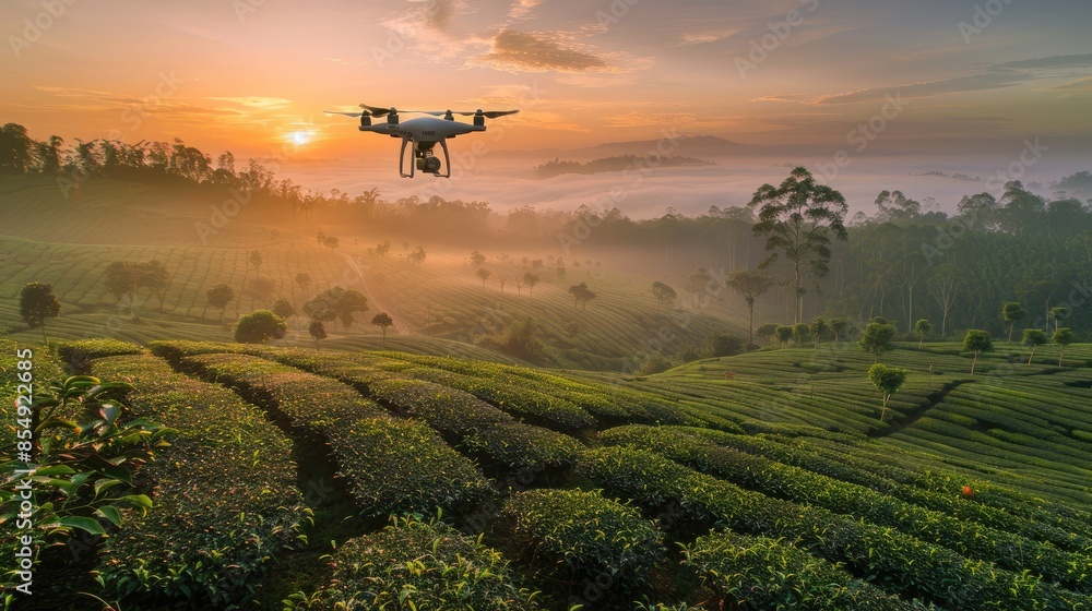 Captivating scene of a drone in action over a tea plantation at sunrise, the first light of day breaking through the mist and illuminating the lush green fields Captivating scene of a drone in action over a tea plantation at sunrise, the first light of day breaking through the mist and illuminating the lush green fields