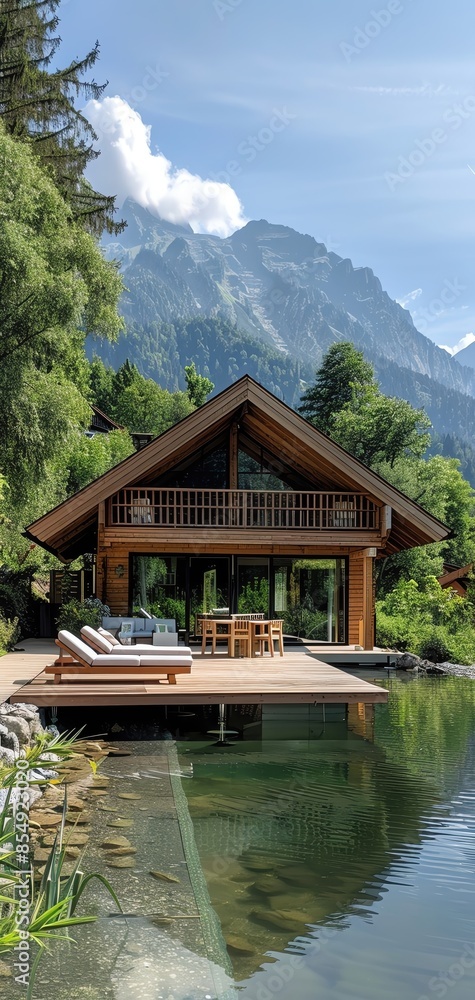 Naklejka premium Beautiful wooden cabin by a serene lake with mountain views, surrounded by lush greenery, ideal for a peaceful retreat.