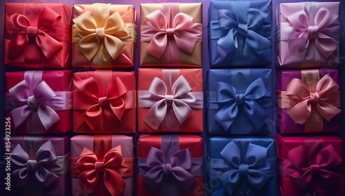 Beautifully wrapped gifts with colorful bows, neatly arranged in vibrant shades, creating a joyful and festive display photo